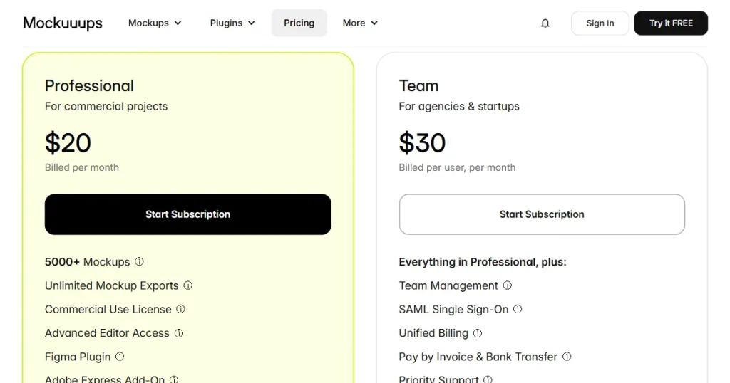 Mockuuups Studio pricing page