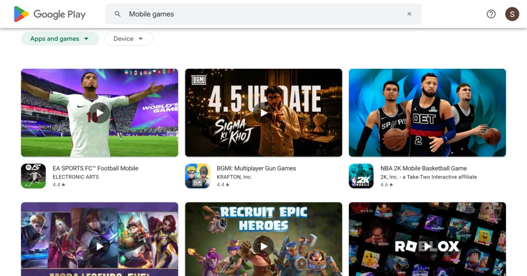 Google play store mobile games
