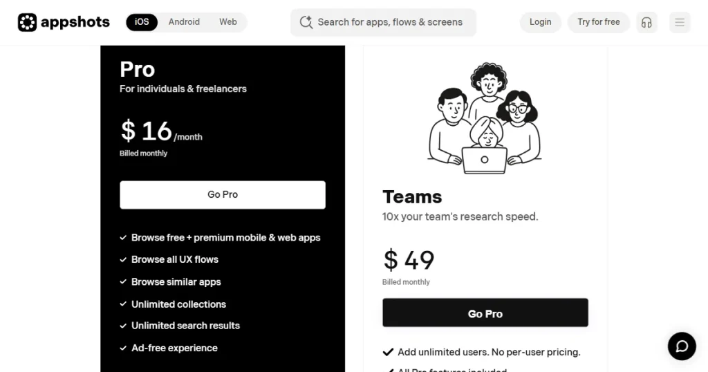 Appshots pricing page