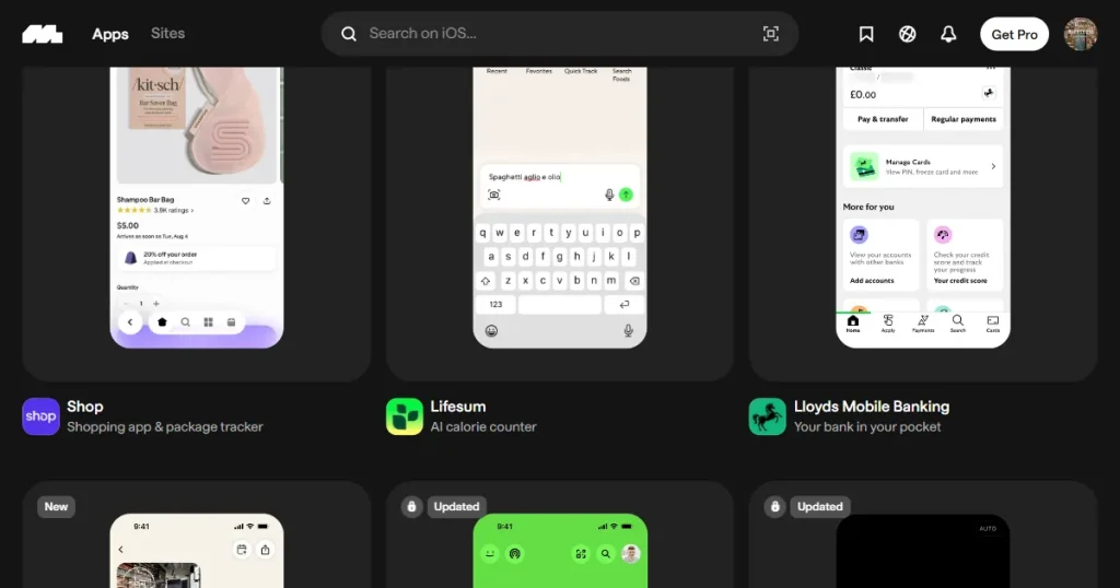 Mobbin App Screens page