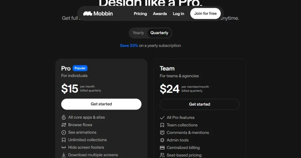 Mobbin pricing page