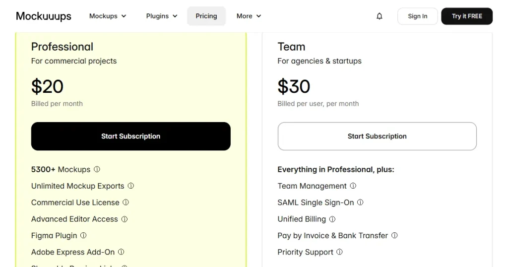 Mockuuups studio pricing page