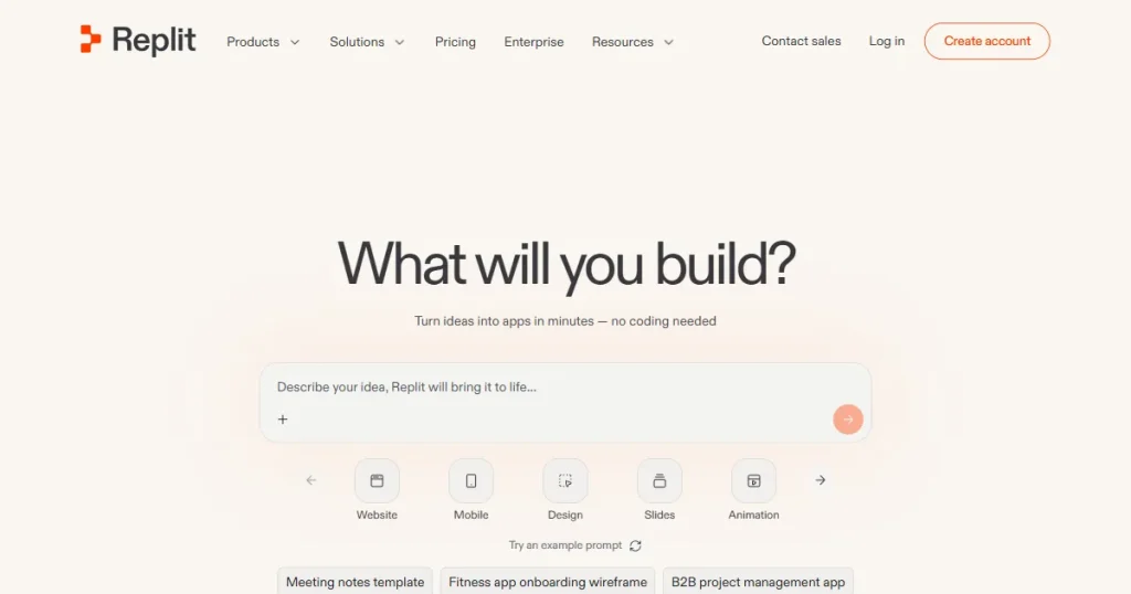 Replit AI app builder page