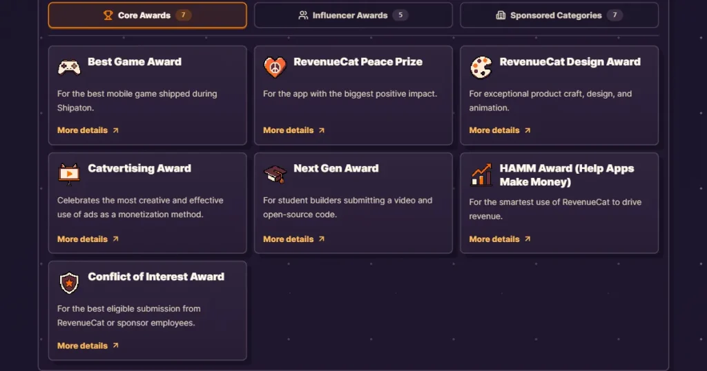 RevenueCat core awards page