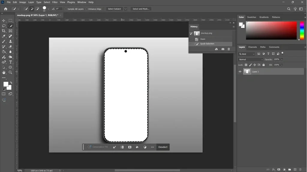 Selecting the screen area in Photoshop