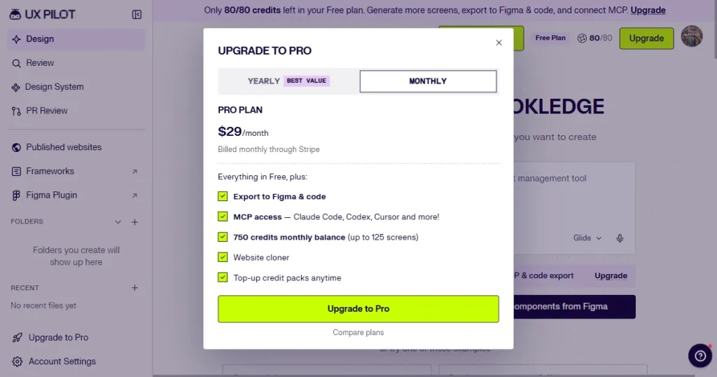 UX Pilot pricing page