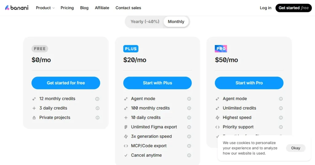 Banani pricing page