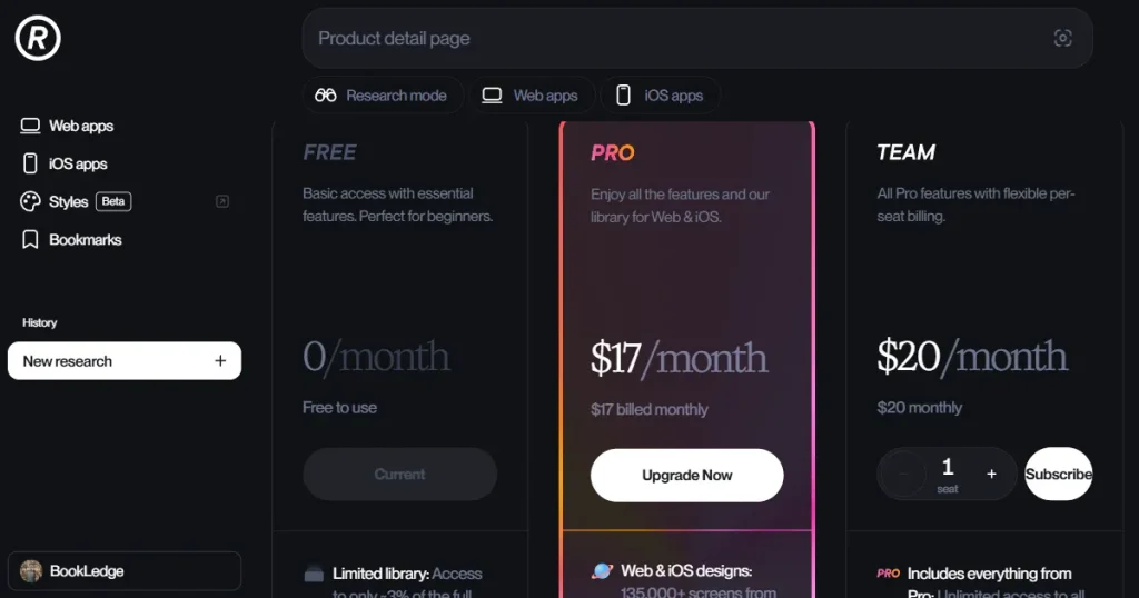 Refero pricing page