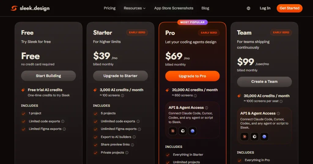 Sleek pricing page
